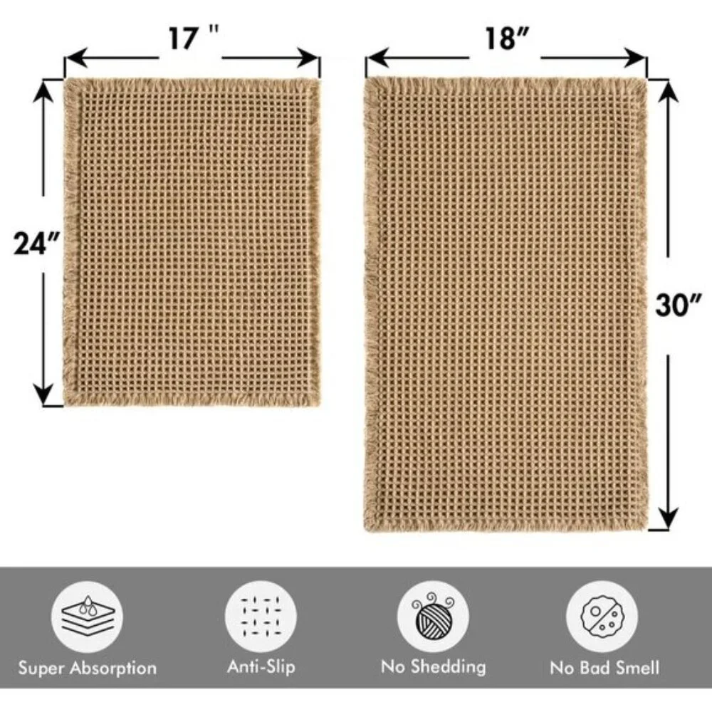 New Set of 2 Brown Waffle Bath Rugs, Non-Slip, Soft, Absorbent, Washable Mats